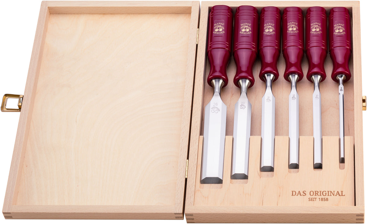 Retro Red Handle Bench Chisel Set 6pce in Wooden Storage Box