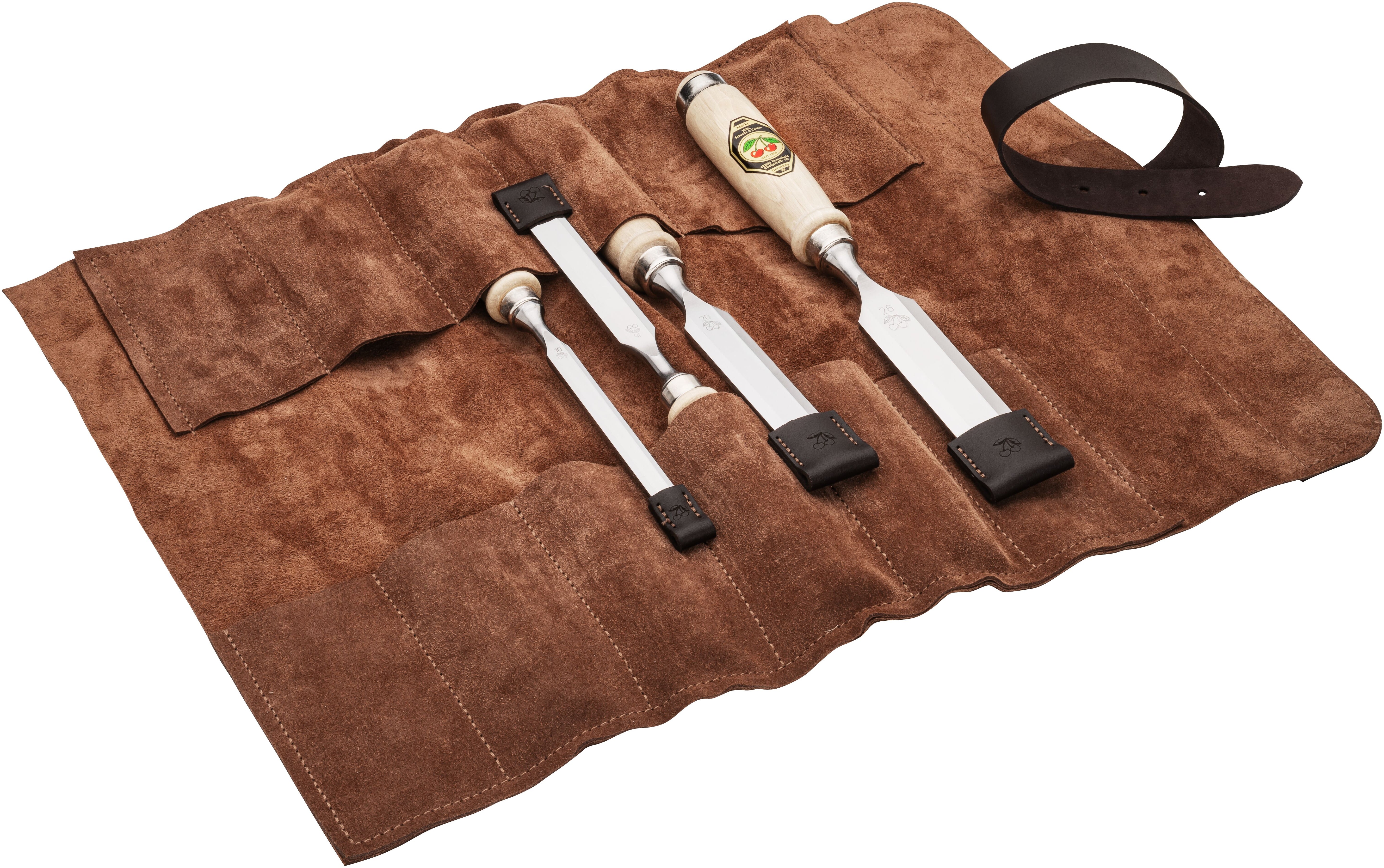 Timber Handle Bench Chisel Set 4pce in Leather Storage Roll