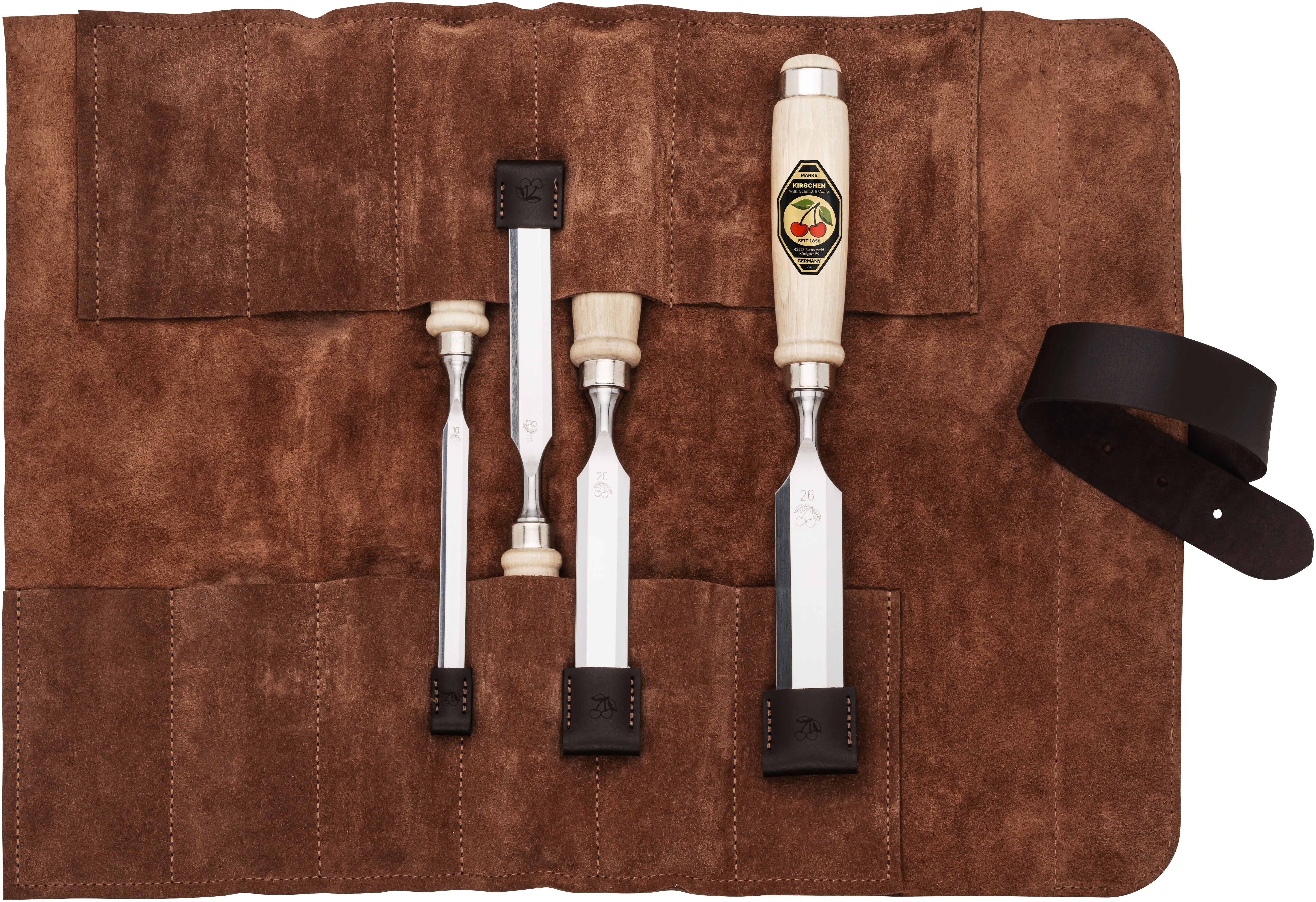 Timber Handle Bench Chisel Set 4pce in Leather Storage Roll