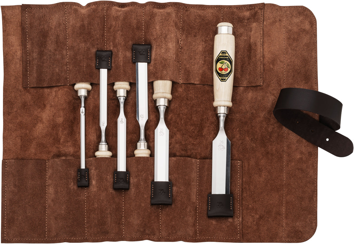 Timber Handle Bench Chisel Set 6pce in Leather Storage Roll