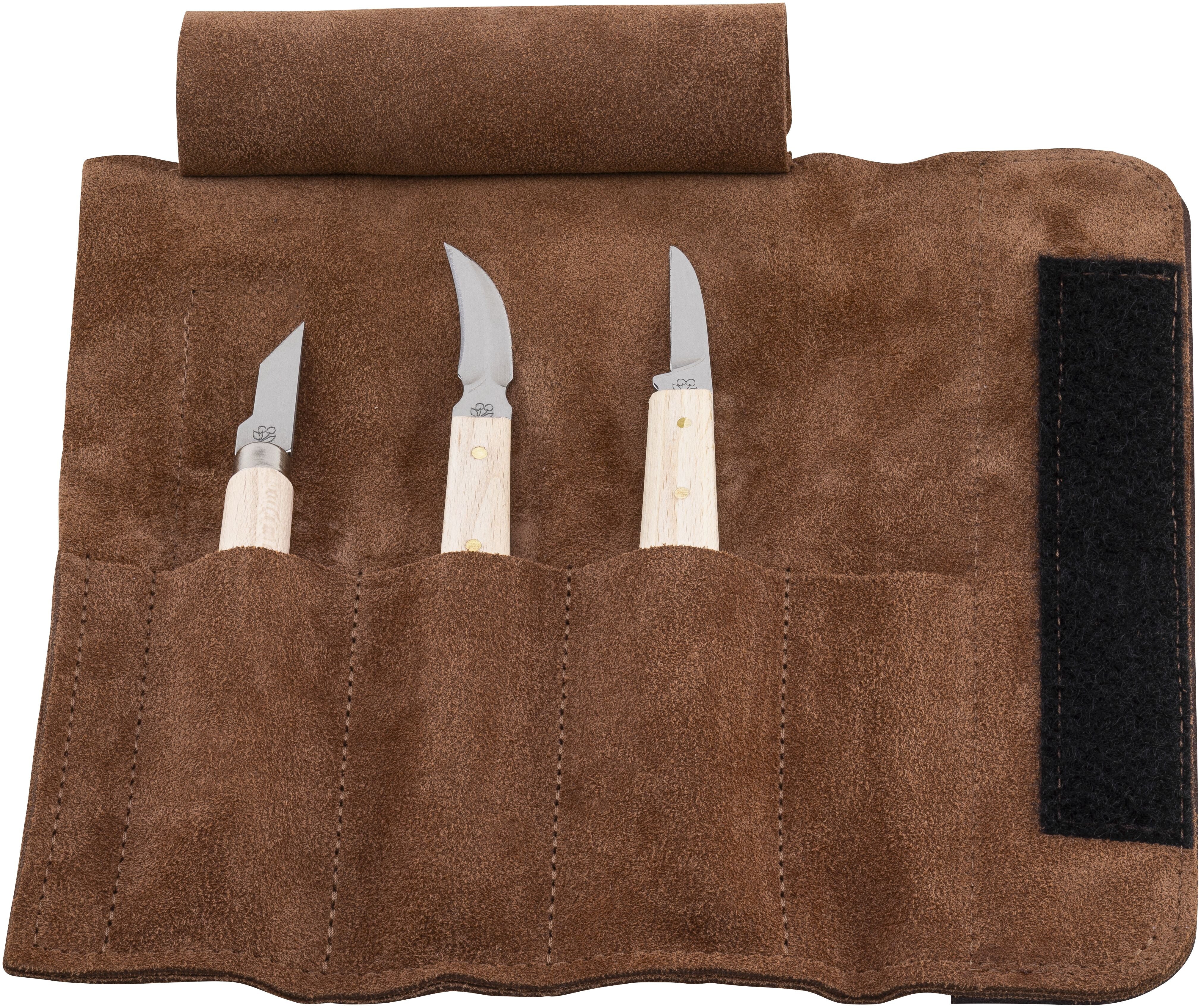 3pce Chip Carving Knife Set in leather roll
