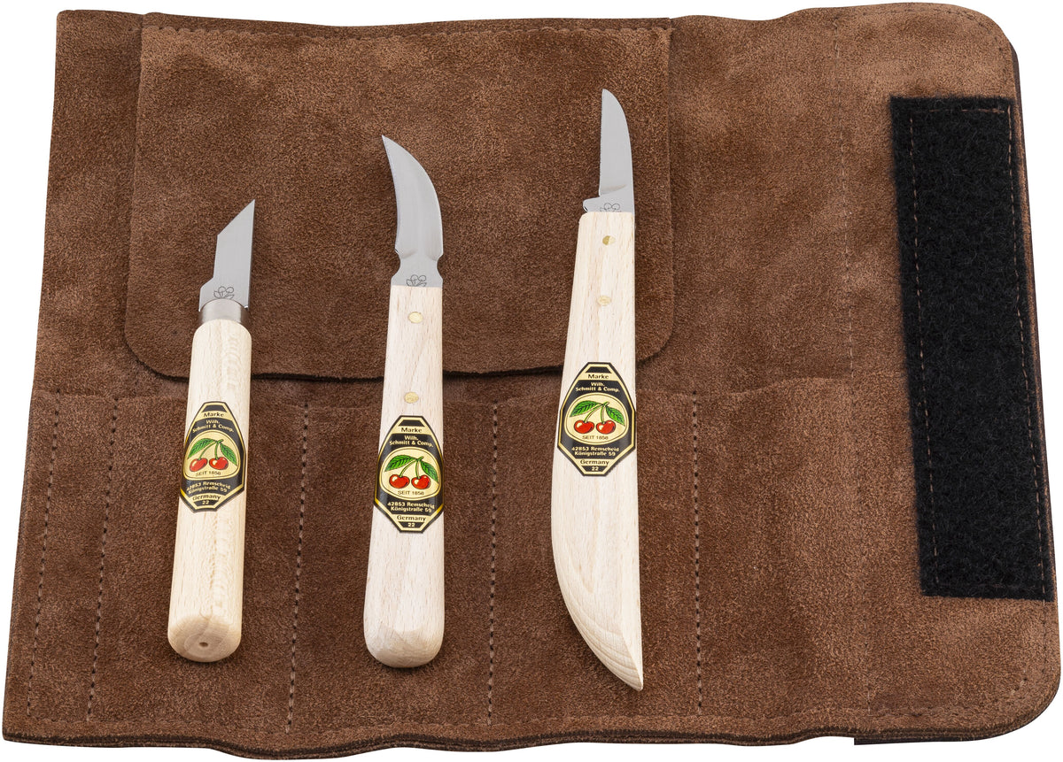 3pce Chip Carving Knife Set in leather roll