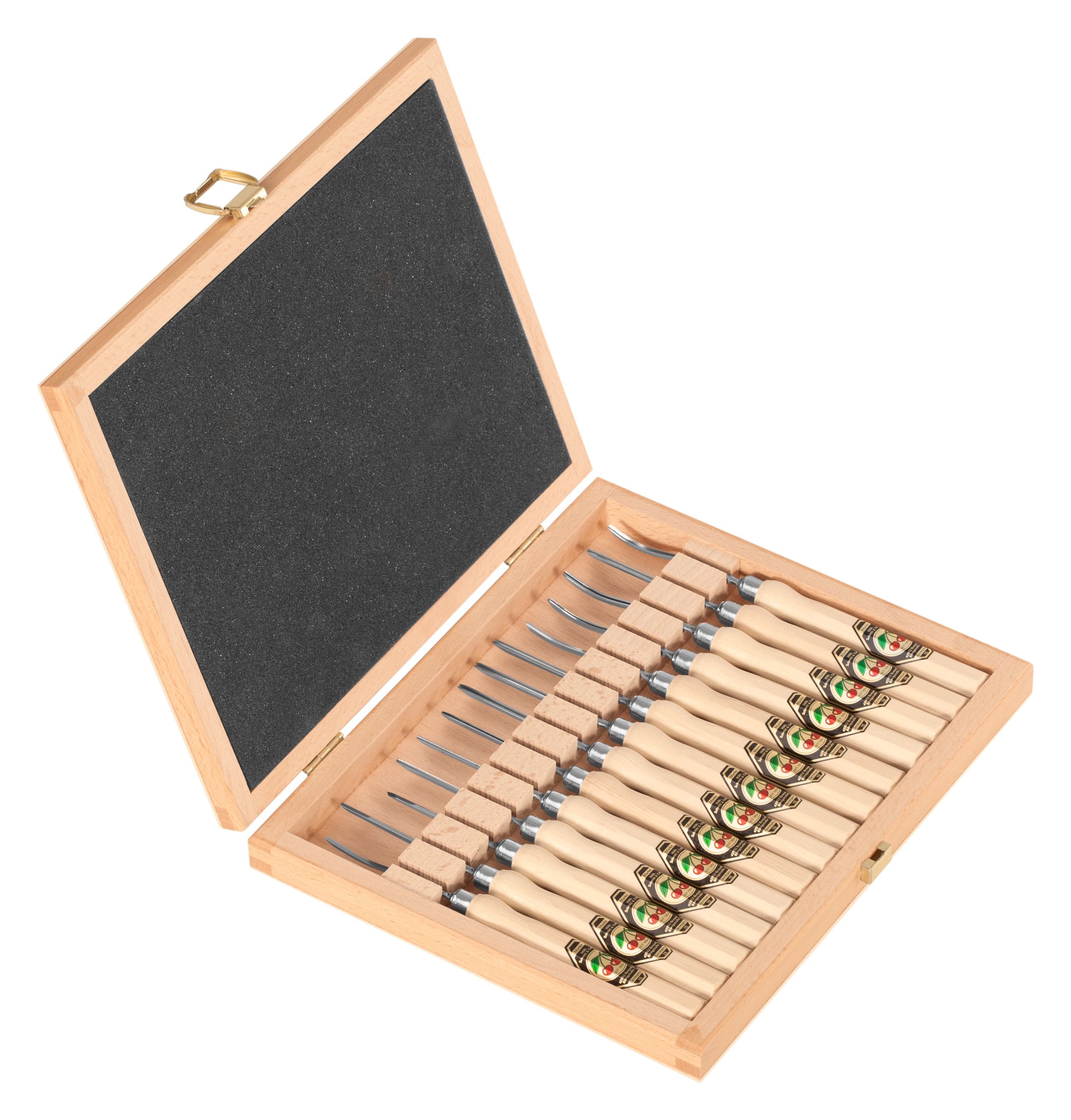 14pce Lino & Timber Micro Carving Chisel Set in Wooden Storage Box