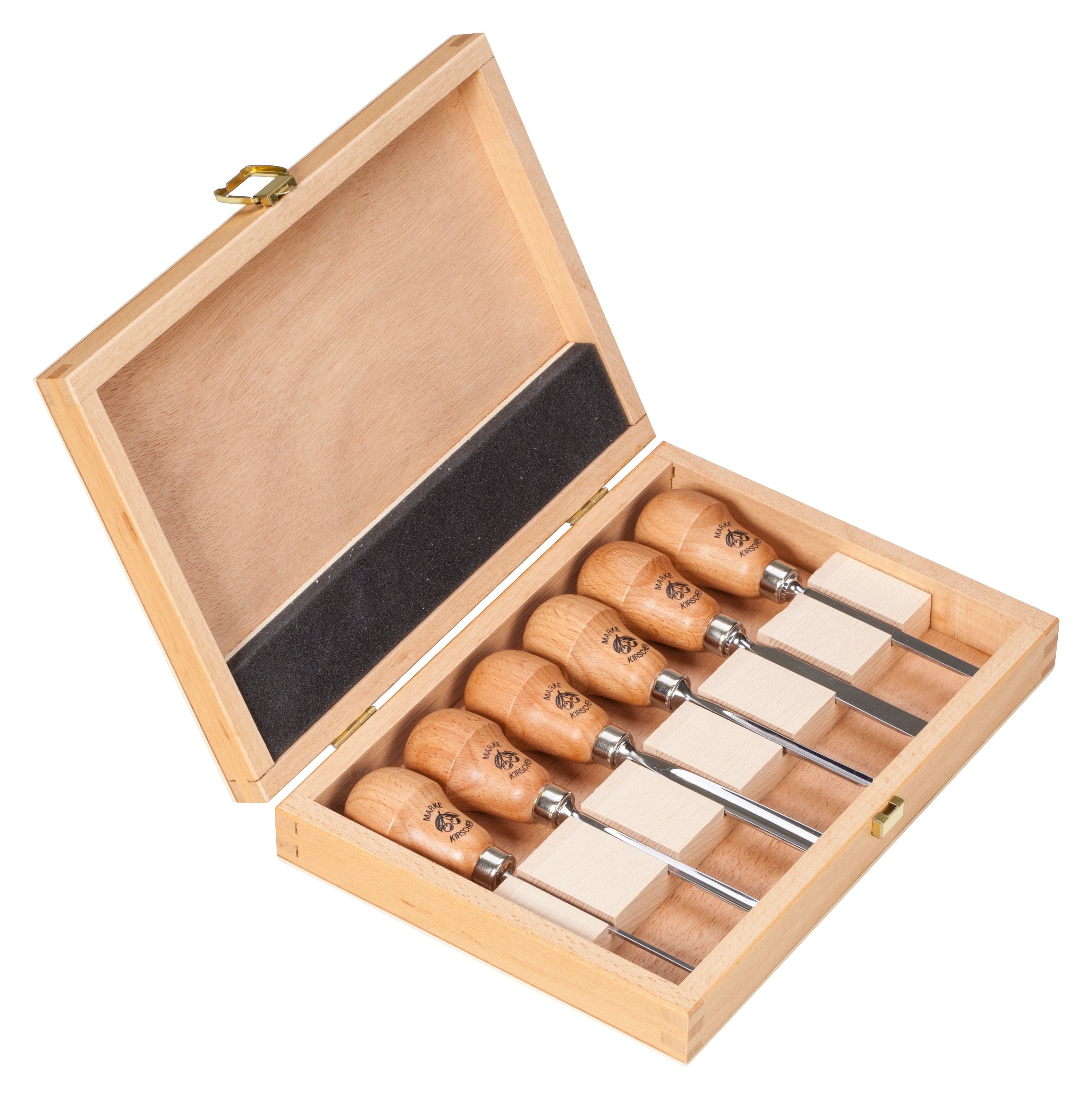 6pce Lino & Timber Pear Handle Carving Chisel Set in Wooden Box
